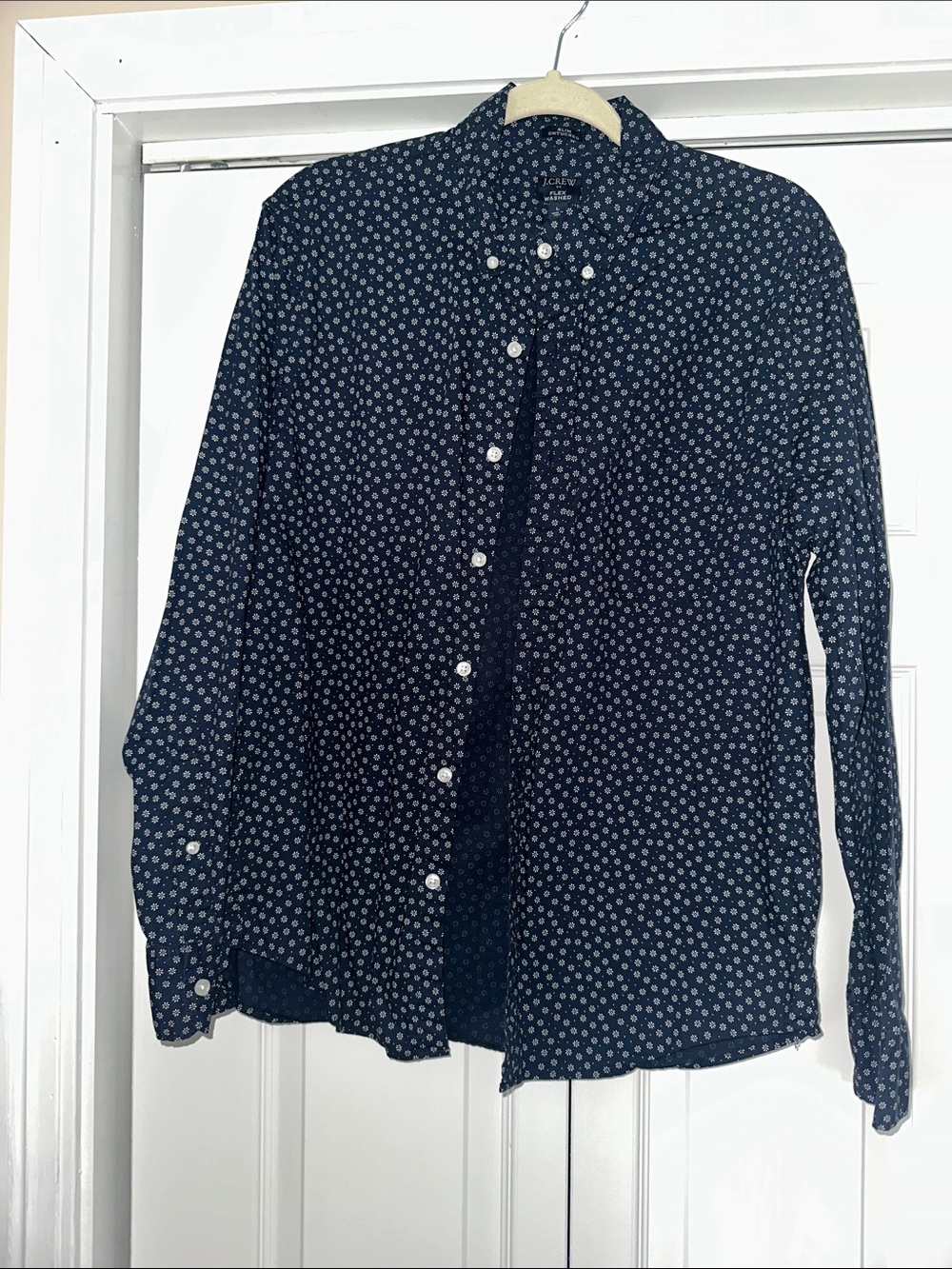 J. Crew Navy Button-Down Shirt with Small White Dot Print